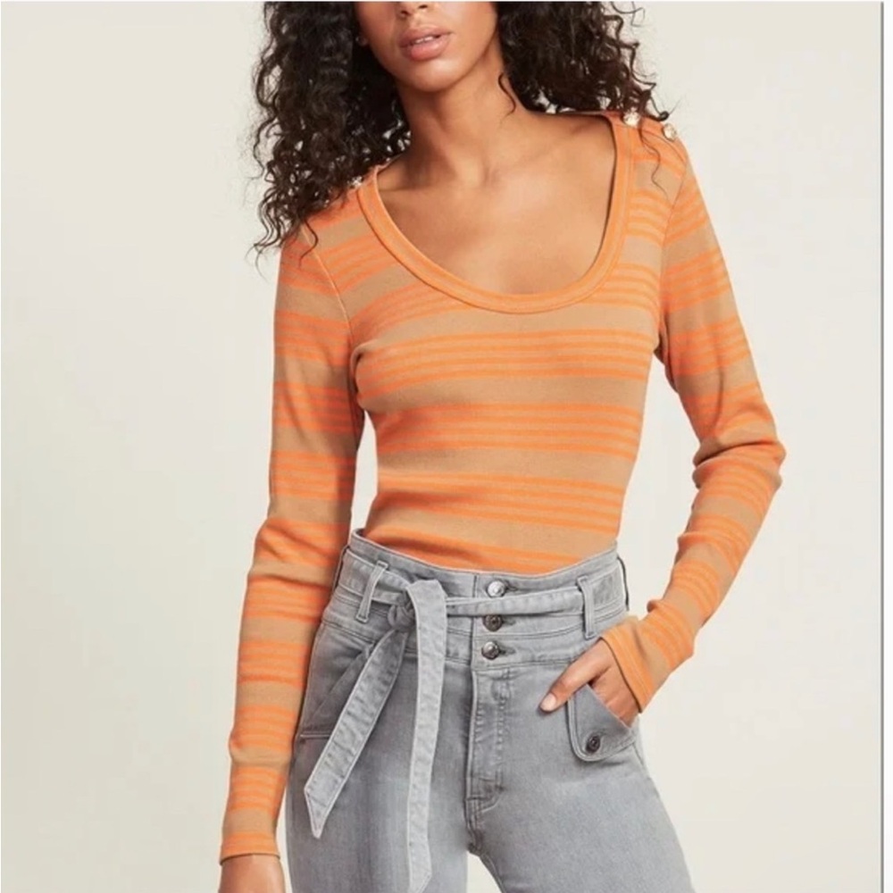 Veronica Beard Lizzie Striped Brown Tan and Orange Long-Sleeve Top